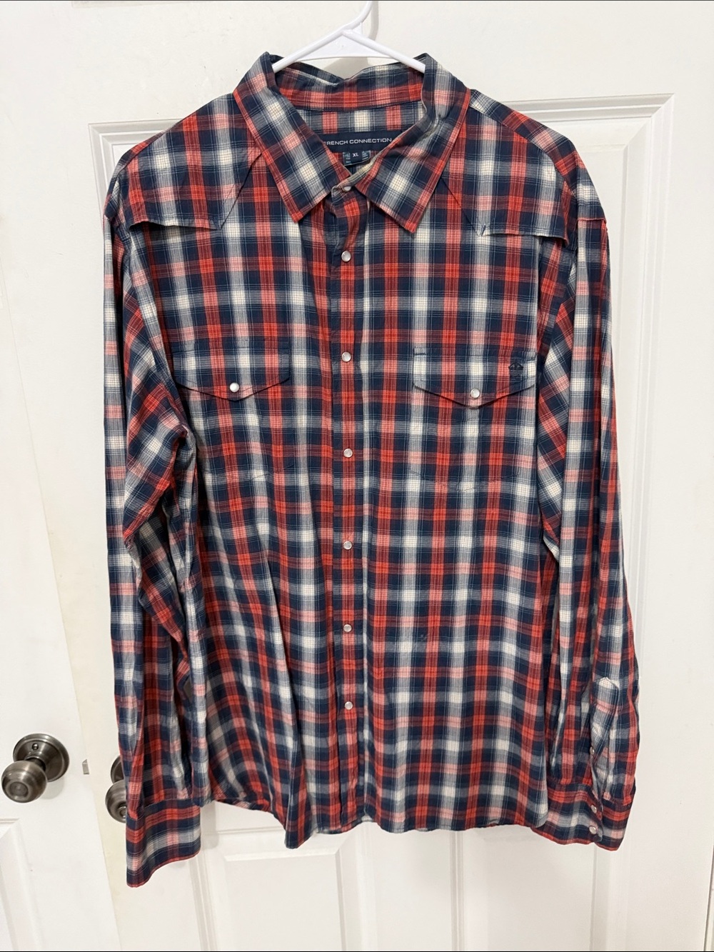 French Connection Men’s Red & Navy Plaid Button-Up Shirt size XL country western